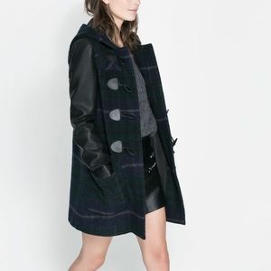 Zara Plaid toggle wool coat with leather sleeves